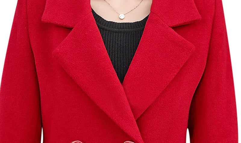 Tanming Womens Elegant Notched Collar Button Wool Blend Solid Long Pea Coat Overcoat (Red-S) - Image 4